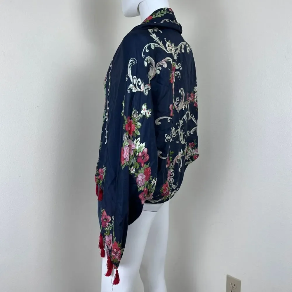 Johnny Was Size M Silk Tassel Wide Flared Sleeve Floral Mococo Boho Shrug Poncho